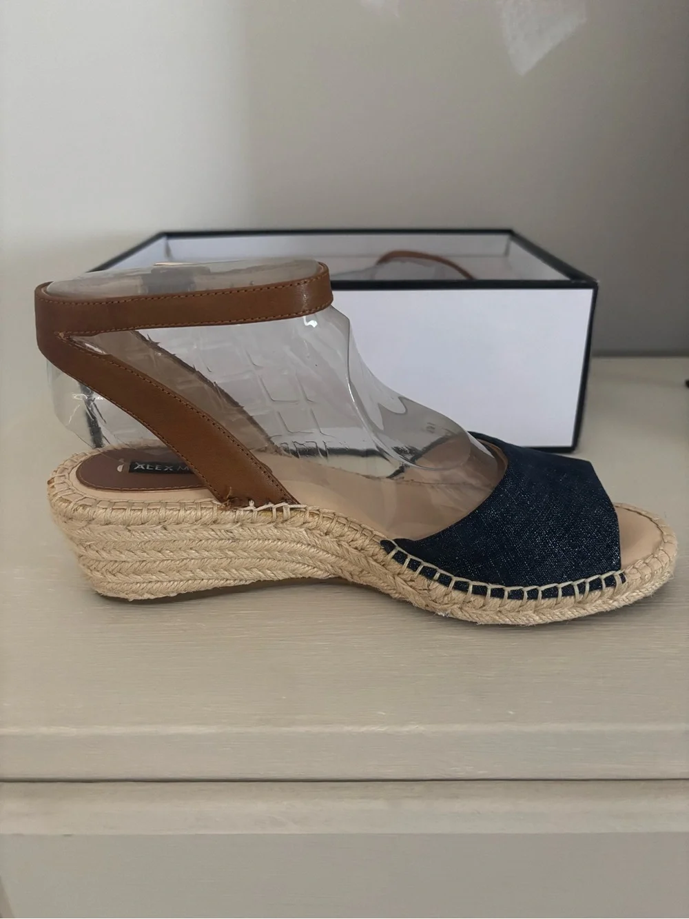 Women's Alex Marie SANDRA denim Blue Wedge Sandals with Tan Ankle Strap